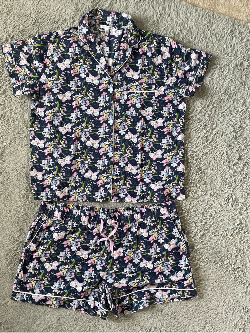 Vera Bradley XL Pajama Set Short Sleeve Button-up Shirt Shorts Bloom Boom Navy - Picture 4 of 12